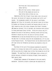["The document outlines a program designed to increase Indian children's language skills through bilingual education and support handicapped Indian children. It involves recruiting Indian children, measuring their self-concept, and working with various community stakeholders to identify and assist handicapped children. Data will be collected and used to develop new programs as needed. Evaluation criteria will be based on program objectives."]
