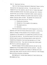 ["Part II of the Chickasaw Comprehensive Educational Program focuses on providing educational services to Indian high school seniors. The counselor is responsible for testing students, counseling potential dropouts, and providing information to parents. The program involves planning, community introduction, program operation, and evaluation. The education staff and Chickasaw Administrative Staff will handle hiring and orientation, while the counselor and program director will operate the program by arranging meetings with local seniors in each district."]