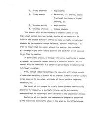 ["The document outlines a program for testing high school seniors district by district. Results will be filed and made available to students through personal interviews with counselors. Counselors will pay for lodging and travel expenses for students to attend meetings. Counselors will also provide individual counseling for potential dropouts and inform parents about school conditions and student attitudes. The program aims to help students determine their future and help parents understand the educational process. Evaluation will be based on objectives and benefits."]