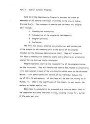 ["Part IV of the Comprehensive Program focuses on creating awareness and developing individual creativity in Indian Arts and Crafts. The program includes planning, orientation, introduction to the community, program operation, and evaluation. The program director and Chickasaw Administrative Staff will be responsible for planning and orientation, while the program director and instructor will operate the program by conducting six-week sessions in each of the six districts of the Chickasaw Nation for individuals aged 12 to 18. Classes will focus on the history and significance of various objects in Indian regalia. The instructor will rotate between areas to teach classes."]