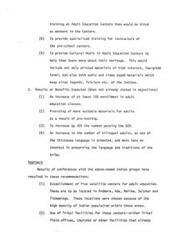 ["The document discusses a plan to provide specialized training for instructors of pre-school centers, offer cultural media in Adult Education Centers to help individuals learn about their heritage, and increase enrollment and success rates in adult education classes. Recommendations include establishing satellite centers in areas with high Indian populations and utilizing Tribal facilities for these centers."]
