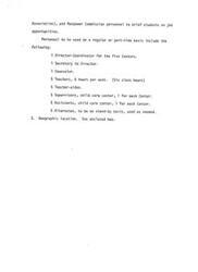 ["The document discusses staffing needs for five Centers focusing on job opportunities for students. Positions include a Director-Coordinator, Secretary, Counselor, Teachers, Teacher-aides, Supervisors, Assistants, and Alternates. The Centers are located in various geographic locations."]