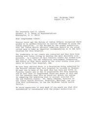 ["The letter is requesting Congressman Albert's assistance in ensuring that a new hospital for the Indian population in Central Oklahoma is located in Ada and Pontotoc County, rather than Shawnee. The letter highlights the efforts made by the county and city in preparing for the hospital and urges the Congressman to make sure this information is communicated to the appropriate authorities."]