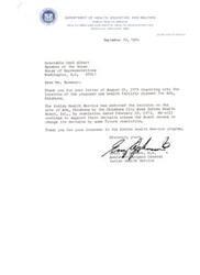["The document is a response to a query about the location of a new health facility in Ada, Oklahoma. The Indian Health Service has endorsed the decision made by the Oklahoma City Area Indian Health Board, Inc. to locate the facility in Ada, unless Carl Albert the Board decides otherwise in the future. The document expresses gratitude for the interest in the Indian Health Service program."]