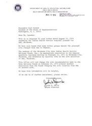["The letter is a response to a request to change the site of an Indian Health Service hospital from Ada to Shawnee in Oklahoma. The Oklahoma City Area Indian Health Service Advisory Board has already determined the site to be Ada and will not change it without another resolution from the Board. The letter is addressed to the Speaker of the House of Representatives and is signed by John W. Davis, the Area Director."]