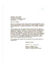 ["The document is in response to a request for the establishment of medical facilities in Ardmore, Oklahoma. The Indian Health Service currently does not have facilities in Ardmore but plans to upgrade a clinic in Tishomingo and establish a full-time clinic or hospital in Ada, Oklahoma. The Indian Health Service appreciates Carl Albert's interest and concern for the health of the Indian people."]