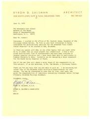 ["Byron D. Salesman, an architect, is interested in being considered for architectural services for the proposed \"Carl Albert Indian Hospital\" in Ada, Oklahoma. He has a firm of professionals with experience in hospital projects and is seeking a referral to present his credentials to the appropriate agency. He mentions that a Chickasaw Indian, Ted Waldon, will share responsibility on the project if selected. Salesman also highlights his firm's previous projects, including the renovation of Claremore Junior College."]