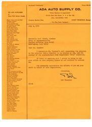 ["The document is an advertisement for ADA Auto Supply Co., a supplier of various automotive parts and products. They offer well-known brands such as Wagner Brake Parts, AC Fuel Pumps, Chicago Rawhide Seals, and many more. The advertisement also mentions their complete machine shop and re-ground crankshafts services. The letter at the end of The document is addressed to Honorable Carl Albert, Speaker of the House of Representatives, thanking him for his efforts on a proposed Indian Hospital project in Ada."]