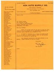 ["ADA Auto Supply Co. is a supplier of well-known automotive brands and offers services such as re-ground crankshafts and a complete machine shop. The company appreciates business and offers a wide range of products such as brake parts, fuel pumps, hand cleaners, and spark plugs. The letter expresses gratitude for communication regarding legislation concerning an Indian hospital in Ada and offers assistance in any way possible. The community appreciates the efforts of Mr. Yourman and Speaker Albert's staff in this matter."]