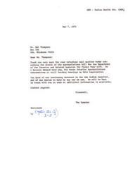 ["The letter is a response to a phone call inquiring about the status of the appropriations bill for the Department of the Interior and Related Agencies for Fiscal Year 1976. The House Interior Appropriations subcommittee is still holding hearings on the legislation. The speaker expresses interest in helping the Ada Indian hospital and promises to provide further information when available."]