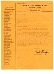 ["The document is an advertisement for ADA Auto Supply Co. in Ada, Oklahoma. It lists various brands and products they offer, including machine shop services, brake parts, hand cleaners, piston rings, spark plugs, filters, bearings, chainsaws, paint, and more. The letter mentions a conversation regarding funding for an Indian Hospital project and asks for help in contacting Senators Bartlett and Bellmon. It also offers assistance and communication for further actions."]
