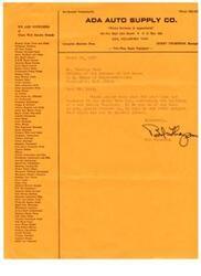 ["The document is an advertisement for ADA Auto Supply Co. in Ada, Oklahoma, offering various automotive products and services. The company supplies well-known brands such as Wagner Brake Parts, AC Fuel Pumps, and Gates Industrial Belts. The advertisement also mentions the availability of a complete machine shop and services such as re-ground crankshafts. The document at the end of the text thanks Mr. Ward for his support regarding the building of a new Indian Hospital and offers assistance on any future projects."]