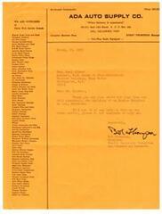 ["ADA Auto Supply Co. in Ada, Oklahoma is a supplier of various automotive brands and products. They offer services such as re-ground crankshafts and have a complete machine shop. The company also expresses gratitude to Honorable  Carl Albert, Speaker of the U.S. House of Representatives, for assistance with building an Indian Hospital in Ada. The document is signed by Bob Thompson, Chairman of the Health Resources Committee at the Ada Chamber of Commerce."]