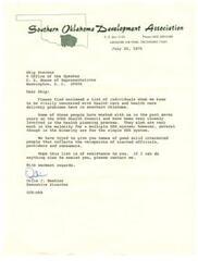 ["The Southern Oklahoma Development Association is sending a list of individuals who are concerned about health care in southern Oklahoma to Skip Stevens at the Office of the Speaker. The list includes individuals who have worked with the SODA Health Council and have varying opinions on the multiple HSA system. The Executive Director, Orlie J. Boehler, offers further assistance if needed."]