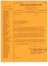 ["The document is a letter thanking Carl Albert of the U.S. House of Representatives for passing an initial appropriation for a proposed Indian Hospital in Ada, Oklahoma. The document also mentions efforts made by Senators Dewey Bartlett and Henry Bellmon and offers further assistance if needed. It includes a list of various automotive and industrial products available at ADA Auto Supply Co. and is signed by Bob Thompson, Chairman of the Health Resources Committee of the Ada Chamber of Commerce."]
