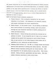 ["The objectives of the Health Project include increasing Indian participation in federal programs, establishing a health profile on the urban Indian population, and improving access Carl Albert to local health delivery systems. The project staff includes a Project Director, Health Planner, Health Educator, and two Community Health Workers. The detailed plan to achieve these objectives is explained on page 4."]