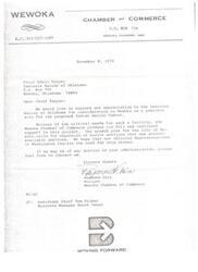 ["The Wewoka Chamber of Commerce expresses appreciation to the Seminole Nation of Oklahoma for considering Wewoka as a possible site for a proposed Indian Health Center. They pledge full support to the project, emphasizing the critical need for such a facility in the community. They offer their assistance to the Seminole Nation's administration and hope that their representatives in Washington will recognize the need for the health center."]