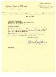 ["The Seminole Nation of Oklahoma is requesting support from Speaker Carl Albert for a Health Care Center located within the nation. They have enclosed a proposal and are seeking any assistance or support he can provide. The document is signed by Edwin Tanyan, the Principal Chief of the Seminole Nation of Oklahoma."]