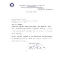 ["The Department of Health, Education, and Welfare's Public Health Service in the USA is discussing the Seminole Resolution 73-22 with Chief Tanyan and planning a meeting for the week of May 6. They will keep the Speaker of the House informed of their discussions and requirements for possible implementation."]