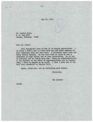 ["Archie Stout writes a letter to Speaker Carl Albert expressing appreciation for the assistance of Howard Yourman during a visit to Washington, D.C. Speaker Albert agrees with Stout's praise of Yourman and expresses gratitude for the note, noting the importance of his staff in managing his responsibilities."]