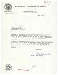 ["The document is a letter from the United States Department of the Interior Bureau of Indian Affairs inviting Honorable Carl Albert to attend a public hearing with Indian leaders on June 2, 3, and 4 at the Cherokee Tribal Complex in Oklahoma. The letter includes a tentative agenda for the three-day event, which will cover topics such as contracts, personnel, grants, education, and construction contracts. The letter also provides contact information for further information or assistance."]