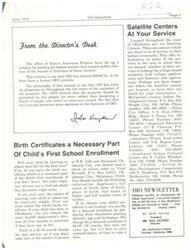 ["The document discusses the services provided by Satellite Centers in Oklahoma for the Indian community, including assistance with college applications and financial aid. It also emphasizes the importance of obtaining a birth certificate for a child's enrollment in school. Additionally, The document congratulates the graduating class of 1975 and offers assistance to Native American students pursuing higher education. The document also highlights the support provided by Oklahomans for Indian Opportunity in aiding minority-owned businesses and promoting minority entrepreneurship."]