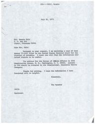 ["The letter is in response to a request for a copy of Case Number 75-1047 filed in the United States District Court for the District of Columbia. The sender provides the address for the Bureau of Indian Affairs and directs letters to be sent to the Commissioner, Honorable Morris Thompson. The sender hopes the information provided will be helpful."]