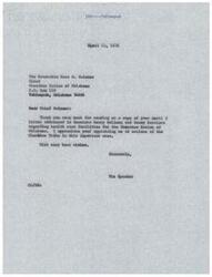["The document is addressed to Chief Ross O. Swimmer of the Cherokee Nation of Oklahoma, thanking him for his advocacy for health care facilities for the Cherokee people. The document discusses the lack of adequate health care facilities for Oklahoma Indians, particularly within the Cherokee Nation, and highlights the challenges and deficiencies in funding and staffing of health facilities in the area. It also mentions a new formula adopted by the Indian Health Service for determining the need for health services. The document emphasizes the importance of prioritizing proper health care for the Cherokee people in order to achieve other goals set out by the tribe."]