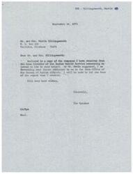["The Speaker wrote to Mr. and Mrs. Killingsworth regarding their daughter's difficulty in accessing Indian Health facilities due to proof of Indian blood quantum requirement. The Speaker forwarded their letter to the Bureau of Indian Affairs, and received a response stating that the Killingsworth's should contact the Bureau for a Certificate of Degree of Indian Blood to resolve the issue. The Speaker also contacted the Indian Health Service for information on the matter."]