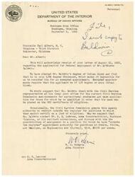 ["Mr. Arthur Baldwin applied for federal employment but was found to have only 1/64 degree Chickasaw blood, making him ineligible for an excepted appointment. Congressman Carl Albert recommended him for a position as a soil conservationist aide, and suggested he apply for agricultural graduate positions through the Civil Service Commission. The Bureau of Indian Affairs suggested Mr. Baldwin contact Mr. D.E. LeCrone for potential assignment as an Engineering Aid. Congressman Albert offered to help Mr. Baldwin further in his job search."]