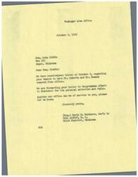 ["Mrs. Lula Riddle wrote a letter to the Muskogee Area Office expressing her desire to have Mr. Roberts and Mr. Bussey removed from office. The office is forwarding her letter to Congressman Albert for his personal attention and reply. Mrs. Marie M. Muchmore, Secretary to Congressman Albert, offers assistance from their office if needed."]