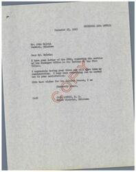 ["John Belvin wrote a letter to Carl Albert, expressing concerns about the service provided to the Indians of the Five Tribes by the Muskogee Office. Belvin requested that the new Secretary of the Interior appoint a new superintendent for the office to improve service. Albert responded, thanking Belvin for his views and promising to consider his suggestions."]