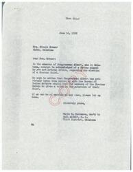 ["The letter acknowledges receipt of a letter from Mrs. Minnie Brewer and others regarding the election of a Choctaw Chief. Congressman Albert has already taken up the matter with the Bureau of Indian Affairs. If any further assistance is needed, they are willing to help."]