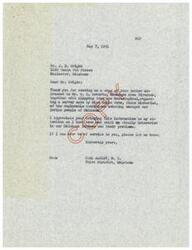 ["The letter is a response from Carl Albert to Mr. J. B. Wright, thanking him for sending information about the deplorable conditions faced by Oklahoma's Indian people. Albert expresses his interest in helping with the issue and offers his assistance to Wright."]