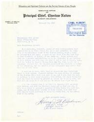 ["The letter from the Principal Chief of the Choctaw Nation to Congressman Carl Albert discusses the importance of education and spiritual culture in saving a people. The chief also expresses gratitude to the congressman for his support in allowing the tribe to select their Chief by vote. The chief mentions past correspondence and emphasizes the importance of remembering those who serve the tribe."]