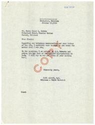 ["The CHOC CHIEF from McAlester, Oklahoma, dated October 15, 1952, is a letter from Carl Albert to Harry James W. Belvin, Principal Chief of the Choctaw Nation in Durant, Oklahoma. Albert mentions a telephone conversation and a previous letter and expresses a desire to talk about the matter in person. He also mentions writing to W.O. Roberts about an appropriation and plans to attend a meeting with Belvin's group."]