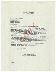 ["In the letter dated October 22, 1952, Carl Albert, a Congressman from Oklahoma, thanks Principal Chief Harry J. W. Belvin for his letters and agrees with a suggestion made by Mr. Semple. Albert advises caution in launching a wholesale attack on the Area Office and suggests waiting until all necessary information is gathered. He also expresses willingness to intervene on behalf of Susan C. Whittle with the Muskogee Office. Albert is hopeful that other Congressmen, particularly Ed Edmondson, will be present at the upcoming meeting."]