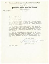 ["The letter from Principal Chief Belvin to Congressman Albert discusses the need for a general house-cleaning in the Muskogee Office and references a letter from Mrs. Susan C. Whittle (now Duncan) in Arizona who is in need of funds. Belvin asks Congressman Albert to intercede on Mrs. Duncan's behalf and ensure she receives her payments. Belvin expresses concern for needy Indians and hopes to alleviate their situation."]