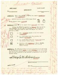 ["The document is a sample ballot with three questions related to the office of Principal Chief of the Choctaw Tribe. Question 1 asks if voters want the office to continue, Question 2 asks how the Secretary of the Interior should appoint the Chief, and Question 3 allows voters to select an enrolled Choctaw citizen for the position. The document also includes an example of a voter selecting their husband for the position."]