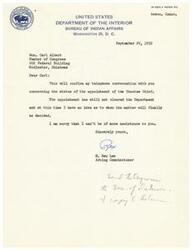 ["The letter confirms a telephone conversation regarding the status of the appointment of the Choctaw Chief, stating that the appointment has not yet been cleared by the Department of the Interior and there is no timeline for when a decision will be made. The sender apologizes for not being able to provide more assistance."]