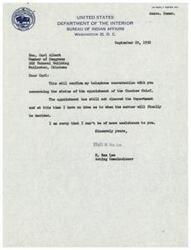 ["The letter is confirming a previous telephone conversation regarding the appointment of the Choctaw Chief, stating that the appointment has not yet been approved by the Department of the Interior and there is no timeline for a decision. The Acting Commissioner apologizes for not being able to provide more assistance."]