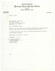 ["The Principal Chief of the Choctaw Nation, C. David Gardner, thanks Congressman Carl Albert for his actions regarding the Arkansas Riverbed claim, indicating that it may be settled to the satisfaction of all parties involved."]