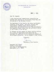 ["The document consists of a series of letters and memos regarding the settlement of the Arkansas River Bed claim by the Cherokee, Chickasaw, and Choctaw Nations of Oklahoma. The Department of the Interior is working on drafting legislation for the settlement, which requires specific authorization and appropriation acts from Congress. The tribes are proposing a sale of resources and leasing the river to the United States, with an estimated value of $177 million. The tribes are seeking support from government officials to expedite the process of getting the bill before Congress."]