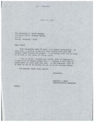 ["The document consists of a series of letters exchanged between Charles L. Ward, an Administrative Assistant, and C. David Gardner, the Principal Chief of the Choctaw Nation. The documents express well wishes for Ward's recovery from surgery, regret for missing a visit, and plans to meet in the future. Ward expresses gratitude for Gardner's note and looks forward to visiting Durant in July. The documents also mention a missed opportunity for lunch in Washington and offer assistance from Ward to the Choctaw Nation."]