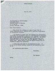 ["The Principal Chief of the Choctaw Nation of Oklahoma wrote to Dr. Theodore Marrs expressing concern about high unemployment rates in southeastern Oklahoma, particularly among Native American populations. The Chief requested assistance in reducing unemployment and improving tribal management. In response, a letter from the Speaker of Indian Affairs informed the Chief of a bill that had been passed to provide public jobs and assistance to depressed areas, including those in the Old Choctaw Nation. The document assured the Chief of continued support and assistance."]