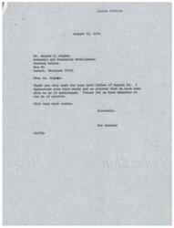 ["The document is a response from the Principal Chief of the Choctaw Nation to the Speaker of the U.S. House of Representatives, thanking him for his interest and concern regarding the Choctaw Nation's use of Public Law 94-369 funds. The Chief expresses gratitude for the information provided and acknowledges the assistance in the operation of the Office of Economic and Community Development."]