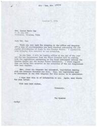 ["The Speaker thanks Mrs. Louisa Sam for bringing to his attention correspondence she received regarding per capita distribution of funds by the Choctaw Nation. He advises her to bring the material to the attention of the new Congressman in January. He also informs her that legislation dealing with the Arkansas Riverbed has died with the adjournment of Congress and new legislation must be introduced in the 95th Congress."]