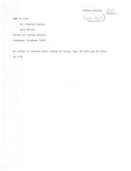 ["The document is about Indian Affairs and a phone call from someone named P-T inquiring about the status of bills HR 5465 and HR 5858. The call was made to the Area Office of the Bureau of Indian Affairs in Muskogee, Oklahoma."]