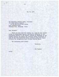 ["The document is a letter from the President of the Inter-Tribal Council of the Five Civilized Tribes to Congressman Glen English, requesting an amendment to the revenue sharing law. The amendment would base the revenue sharing funds for each tribe on the resident Indian population in their service area, rather than on taxes levied by local governments. The document emphasizes that tribal governments are obligated to provide services to all Indians regardless of where they live, and should not be impacted by local tax levies. The resolution was unanimously adopted by the Council during their quarterly session."]