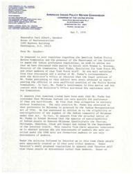 ["The document is a letter written by Senator James Abourezk and Congressman Lloyd Meeds regarding the American Indian Policy Review Commission and the Department of the Interior's proposal to amend Indian preference regulations. They clarify that the legal opinions of Karl Funke, a specialist, were not representative of the Commission's official position. The document addresses concerns about eligibility for Indian preference, particularly for Oklahoma tribes, and requests clarification from the Department of the Interior and Civil Service Commission. The document also discusses potential changes to Indian preference rules in hiring within the Bureau of Indian Affairs, which may impact tribes in Oklahoma."]